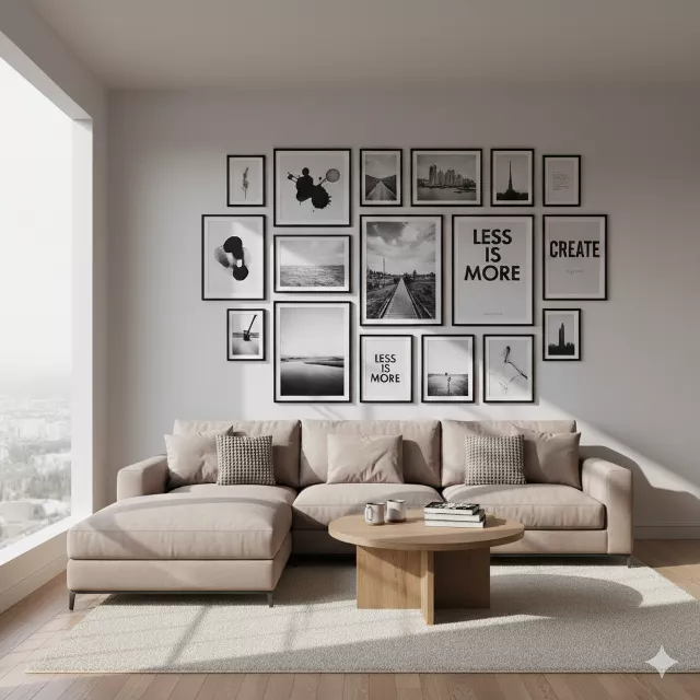 Galéria čiernobielych obrazov v minimalistickom interiéri